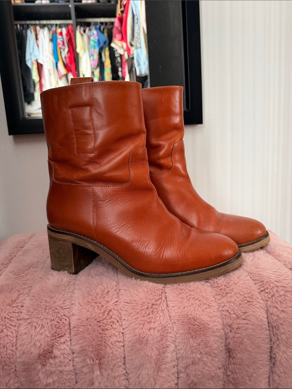 Free People Cognac Leather Mid-Calf Heeled Boots